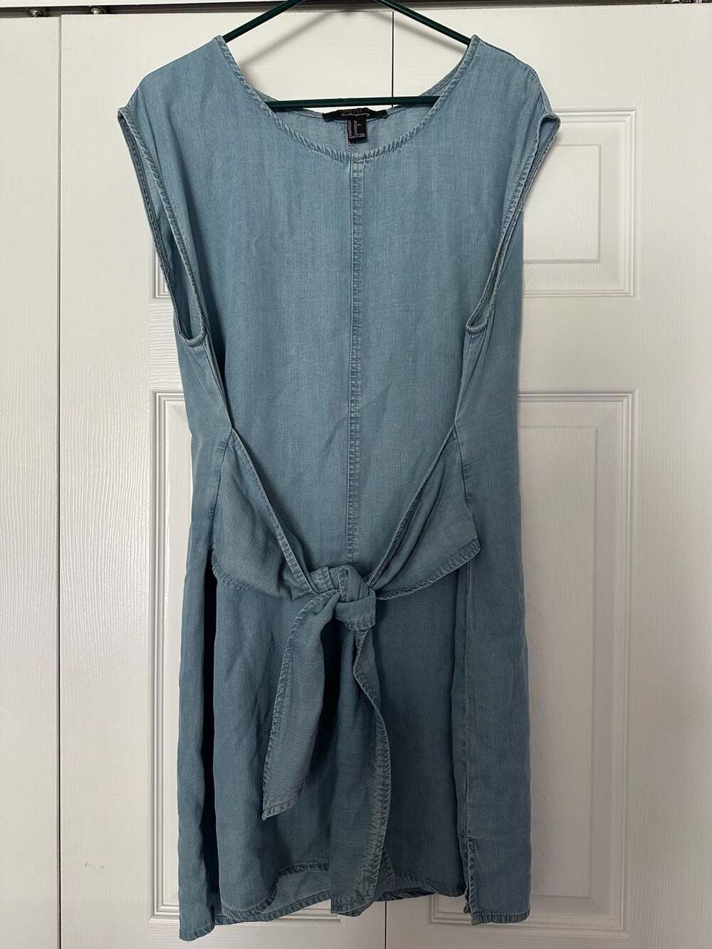 Forever 21 Contemporary Denim Mini Dress Size XL Tie Front Chambray